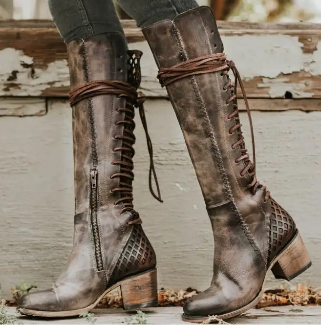 Sapato feminino/женские сапоги; Винтажная обувь до колена из искусственной кожи; Женская обувь в гладиаторском стиле с перекрестной шнуровкой; chaussure