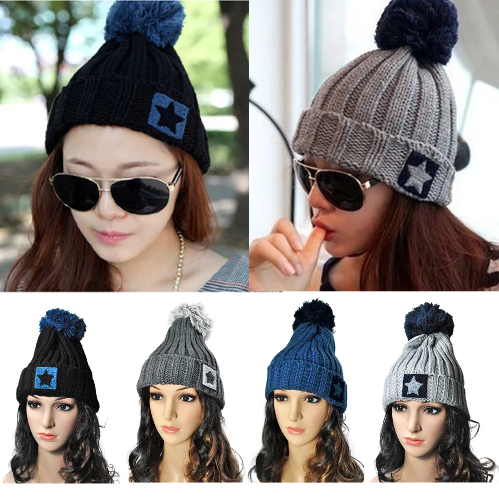 Women Knitted Crochet Winter Warm Ski Beanie Star Hat Slouch Wool Pom Bobble Cap HATBD0023