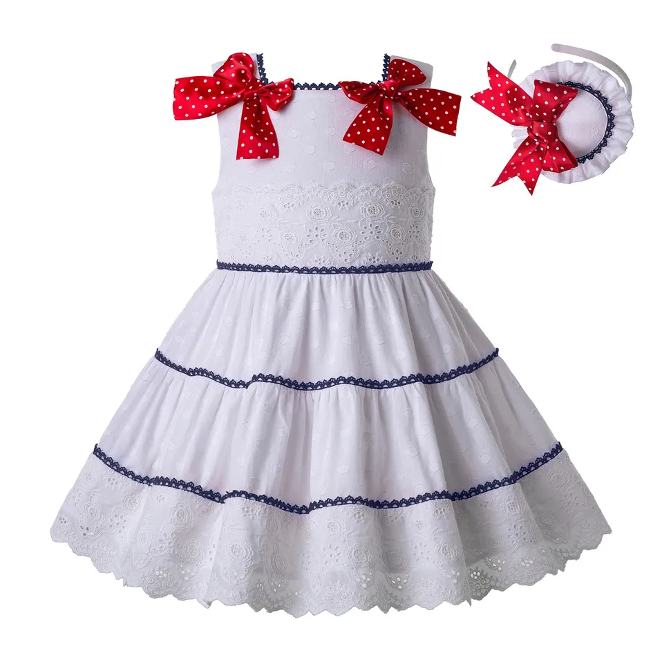 

Pettigirl Newest White Dress Girl with Red Dot Bows Kids Girls Dress with Navy Lace Child Clothing G-DMGD203-64