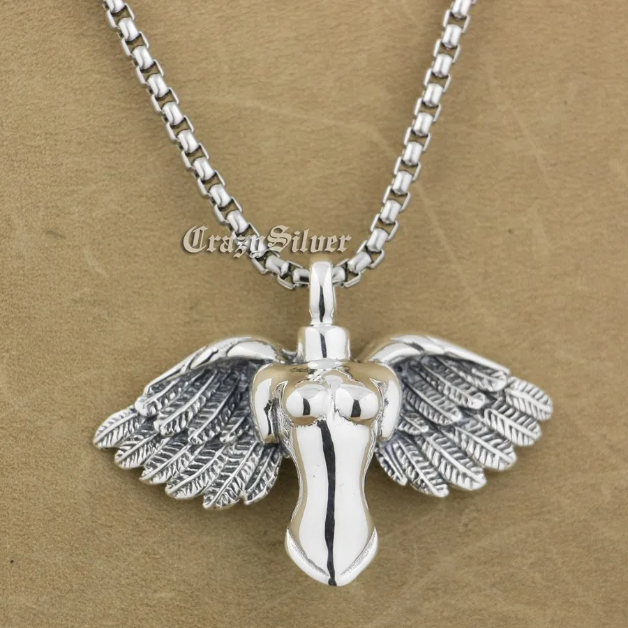 

925 Sterling Silver Naked Angel Mens Biker Pendant 9S001 Stainless Steel Necklace 24 inch