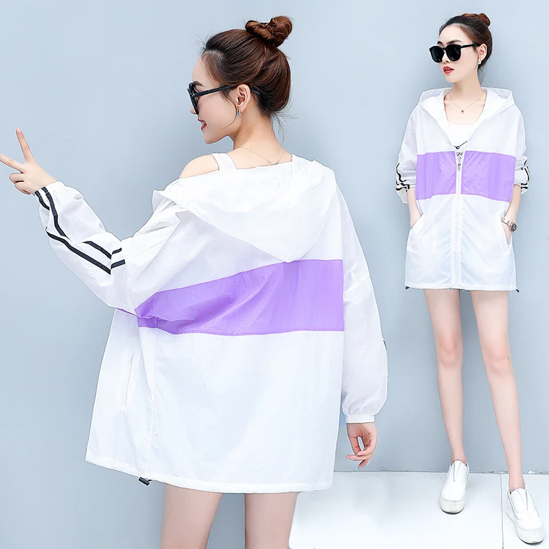 

#9007 Women's Summer Jacket Long Hooded Sunscreen Coat Loose Womens Clothing Long Sleeve Women's Jacket Batwing Sleeve Striped