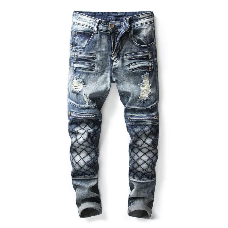 Punk Style Men Multi Zipper Spliced Skinny Jeans Men's Biker Jeans