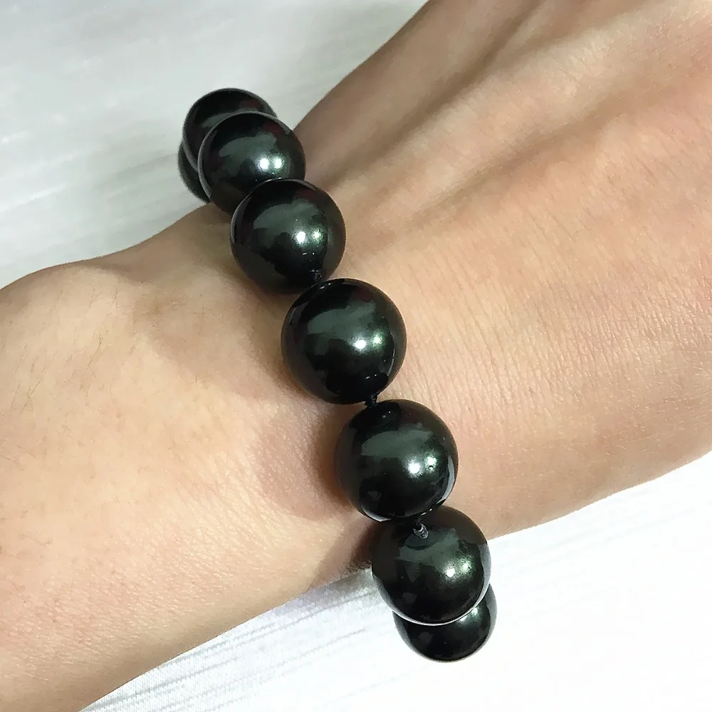 

High quality natural black big round shell pearl beads 14mm free shipping elegant bracelet jewelry 7.5inch B1520