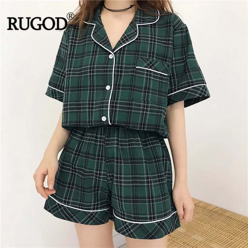 Новая Винтажная клетчатая пижама RUGOD женская модная рубашка с коротким рукавом +
