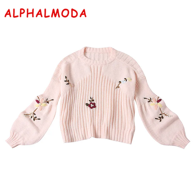

ALPHALMODA 2017 Winter Women's Sweet Floral Beaded Sweaters Delicate Embroidery Flowers Ladies Lantern Sleeve Pullovers Crop Top