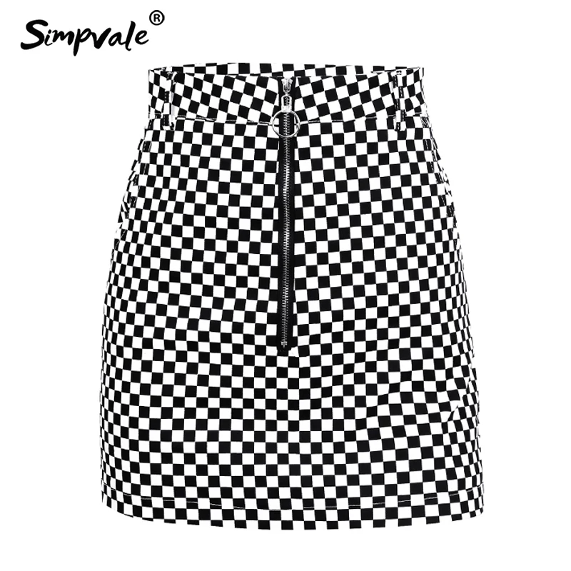 SIMPVALE Checker board classic plaid mini skirt women Metal circle zipper pull Slim short skirts Streetwear Summer pencil | Женская