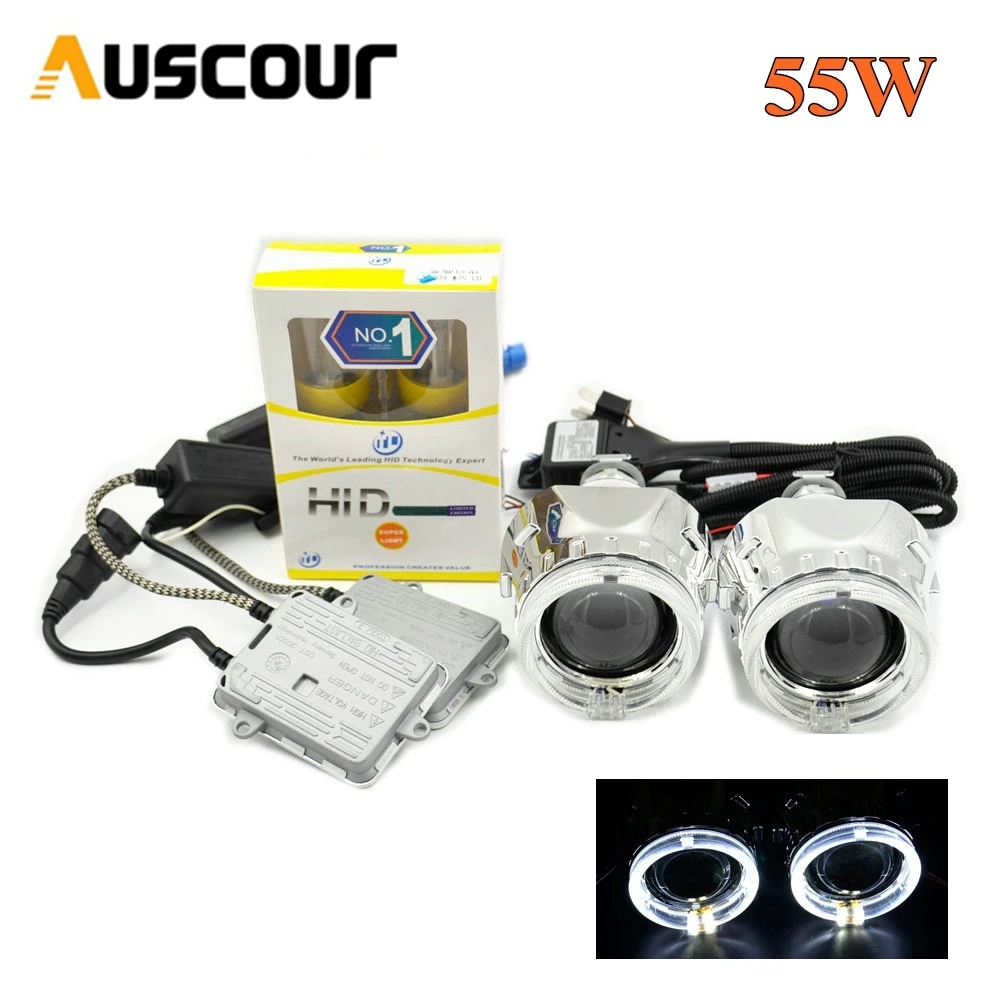 

bixenon hid Projector lens xenon kit day running angel eyes 55W 6000K AC xenon bulb ballast retrofit H1 H4 H7 car assembly kit
