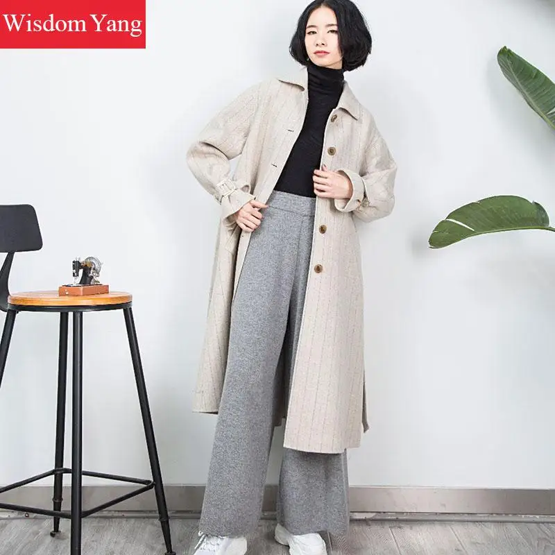 Rabattu En Beige Plus Oversize Survêtement Rayé Ceinture Pardessus Manteau Longue Laine Vintage Dames Coat Femmes Coréen Hiver De Mouton w8qOz