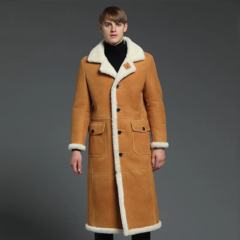 Leather Trench Long Coat Men Winter Genuine Lambskin Brown Jacket New Stylish