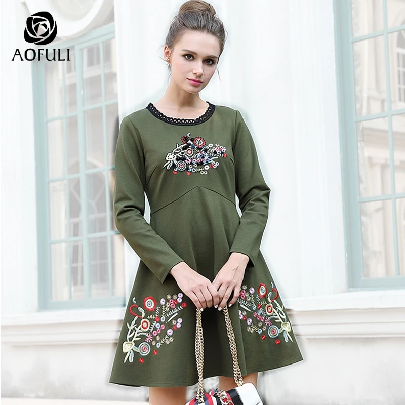 AOFULI M- 4XL 5XL Colorful Flowers Embroidered A-line Dresses Beadings Autumn Winter Plus Size Long Sleeve Army Green Dress 6166