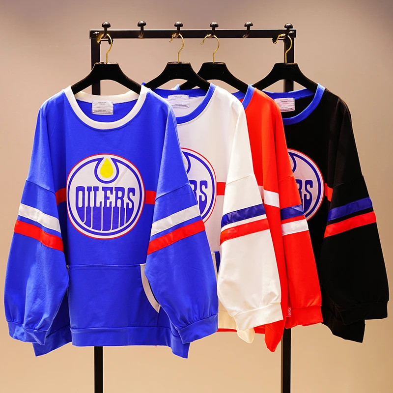 Korean Fashion Long Sleeve Pullovers Spring New Batwing Jumpers Contrast Color Blocked Cartoon Big Size Loose Hoodies | Женская одежда