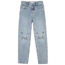 Женские джинсы с вышивкой кошачьим лицом,, Осенние милые шаровары Harajuku, женские студенческие джинсы с высокой талией#2144