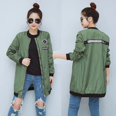 New Spring Army Green Long Bomber Jacket Women Fashion Stand Collar Basic Jacket Female Coats Women's Windbreaker Zipper Outwear