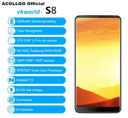 Оригинальный VKWORLD S8 4 ГБ 64 ГБ 5,99 "FHD 18:9 Экран Android 7,0 mt6750t восемь ядер 16MP двойной Cam OTG 5500 мАч смартфон с отпечатками пальцев