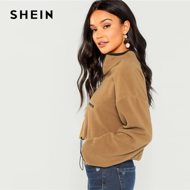  SHEIN Coffee Casual Minimalist Solid Half Placket Zipper Up Stand Collar Pullover Sweatshirt Autumn