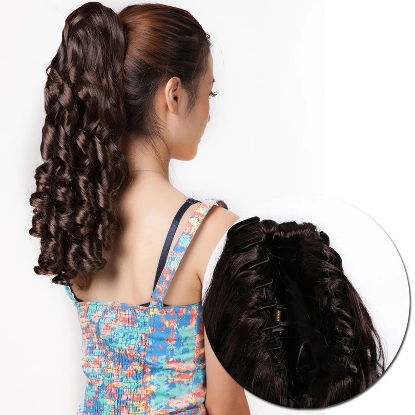 Женские вьющиеся волосы на заколках, конский хвост, высокотемпературное волокно, бордовые цветные шиньоны с заколками, легко носить, наращивание волос