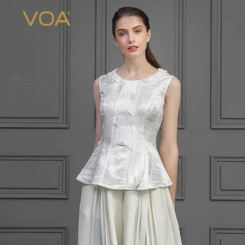 

VOA Silk Jacquard White Tank Tops Women Rococo Sweet Ladies Tops Slim Tunic European Style Sleeveless Ruffles Tee Basic B776