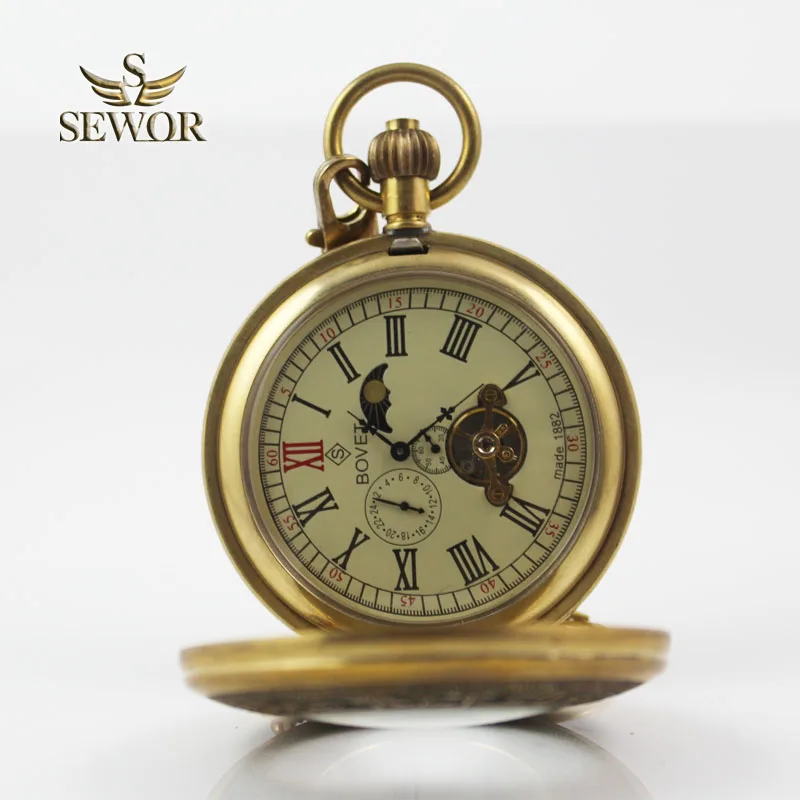 Роскошные брендовые старинные латунные классические китайские механические часы Tourbillon Moonphase под старину с откидной крышкой карманные часы C227
