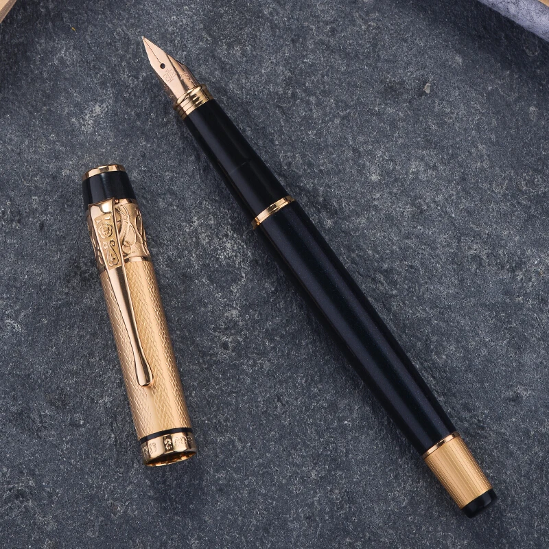 Luxury Hero 200B 14K Gold Collection Black Fountain Pen Golden Carved Cap Fine Nib 0.5mm Gift Pen and Box for Business Office