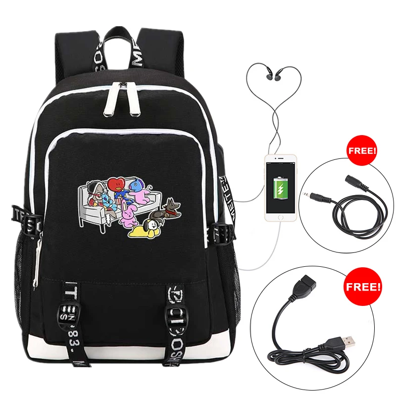 

2018 New Bangtan Boys BTS BT21 Print Backpack USB Charging Laptop Backpack Canvas School Bags for Teenage Girls Kpop Travel Bags