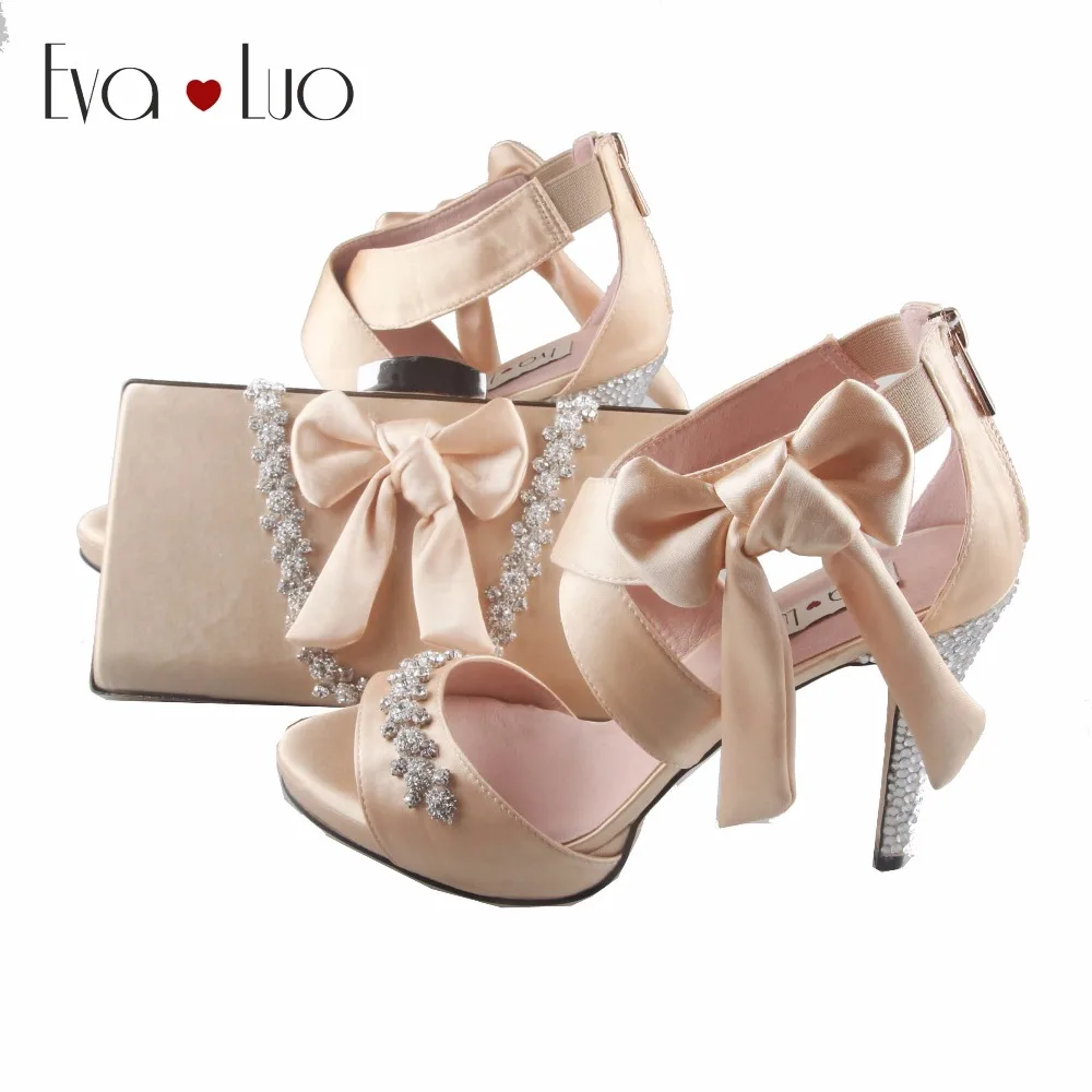 

BS916 DHL Custom Made Champange Bow Rhinestone Shoes with Matching Bag Bridal Wedding Shoes Women High Heel Sandals
