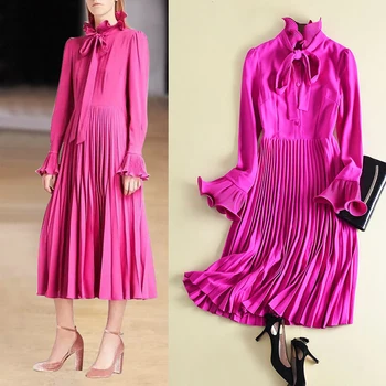 

New American women's detonation model of aristocratic temperament tied bow pressure plait pleated dress