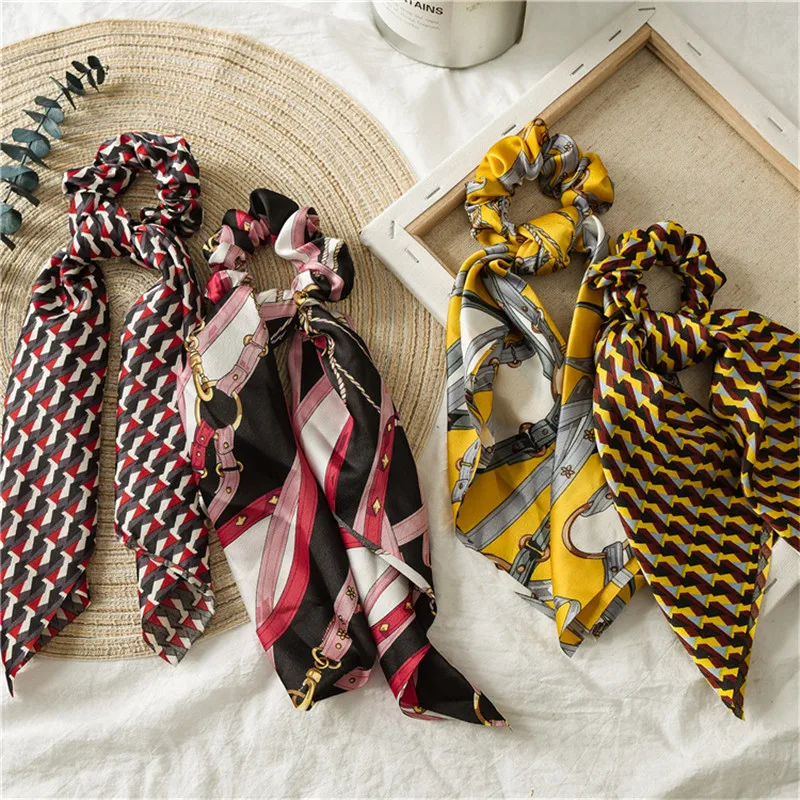 

Boho Print Ponytail Scarf Bow Elastic Hair Rope Tie Scrunchies Printed Charms Lady Hot Sale 2019 Chic Women Ribbon Hair Bands