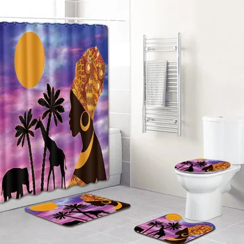 

F African Women Bathroom Carpet Mats Black Men Designed 4 Pieces Shower Curtain Bath Rugs Set Anti-skid Toilet Mat Set Bathmate