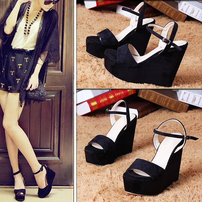 

fashion black suede women wedges sandals Bohemia beach style ankle strap ladies sandals ladies pumps shoes