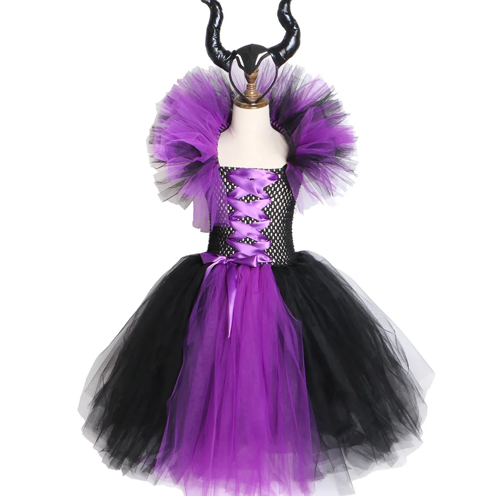 Костюмы на хеллоуин для девочек, маскарадное платье «злая королева» для девочек, платье+ рожок, Детский костюм из 2 предметов для девочек, костюм ведьмы для косплея