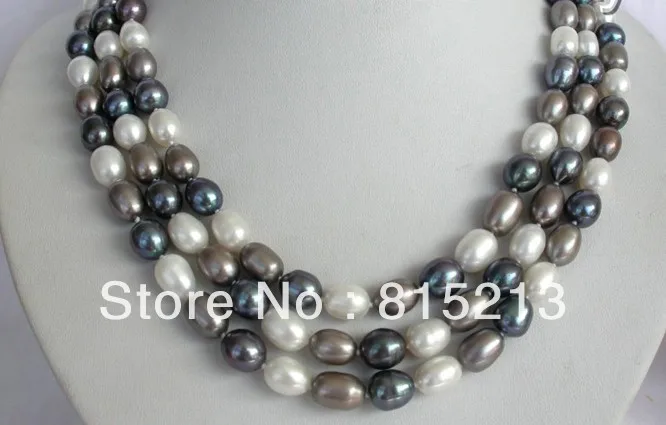 

ddh00224 stunning 3rows 11mm baroque white black gray freshwater pearl necklace