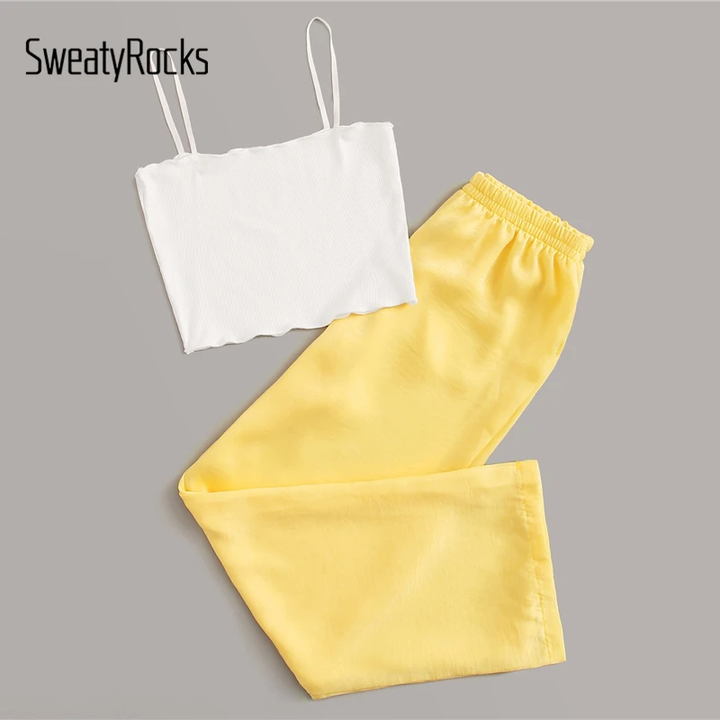 SweatyRocks топ на бретельках с брюками пижамный комплект женские длинные комплекты без рукавов летняя повседневная одежда для сна плотная Пижама Наборы