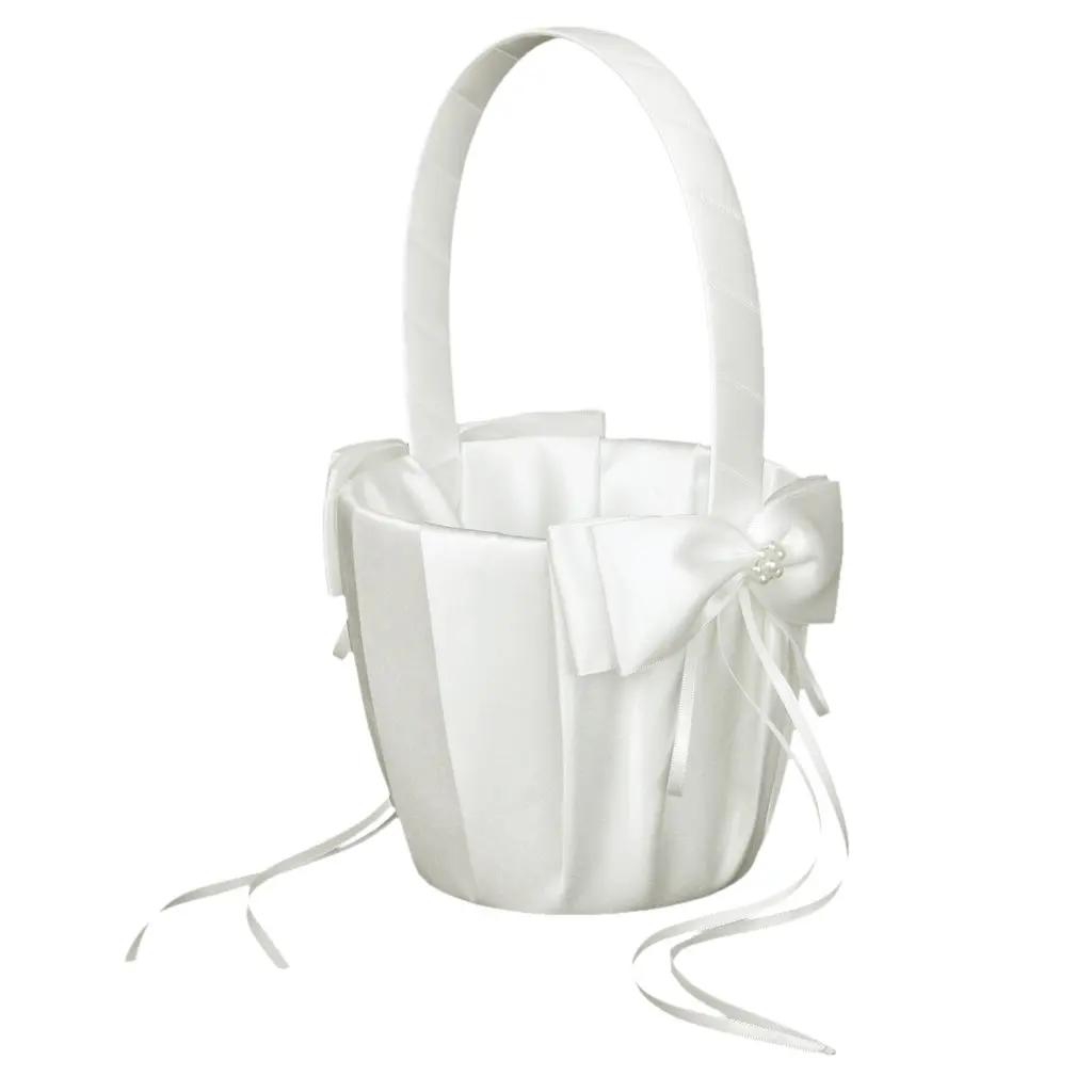 Beatiful Satin Lace Bowknot Flower Girl Basket For Wedding Ceremony Party Ivory 