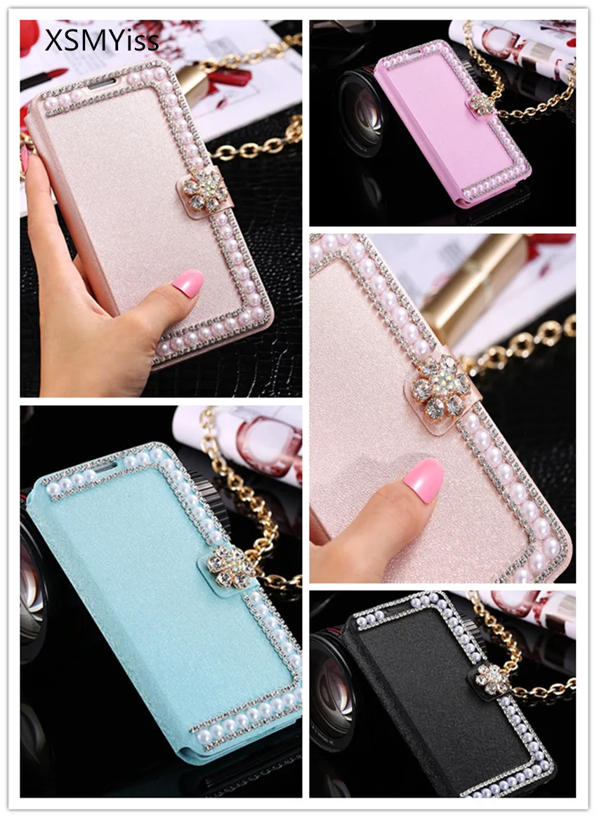 

XSMYiss Luxury Bling Rhinestone Diamond Pearl for iphone X XS MAX XR 5S 6S 7 8 PLUS Wallet Flip Phone Leather Case Cover