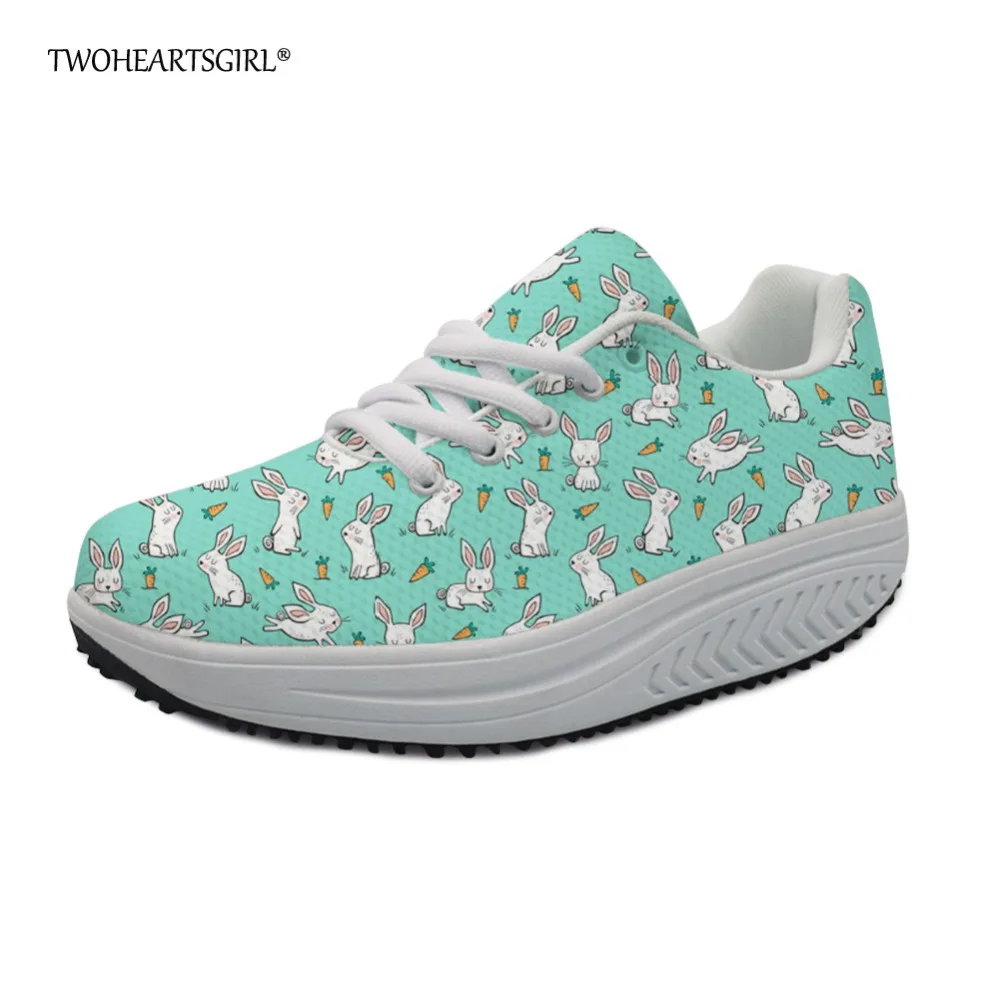 

Twoheartsgirl Mint Green Rabbit Printing Wedge Swing Shoes Casual Breathable Platform Shoes for Women Novelty Slimming Shoes
