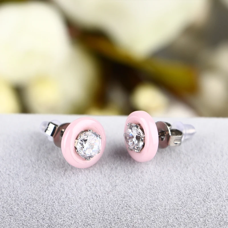 Новые Романтические Розовые серебряные керамические Ювелирные наборы для женщин, Кристальные серьги с двойным кругом, вращающиеся кольца, трендовые милые ювелирные изделия
