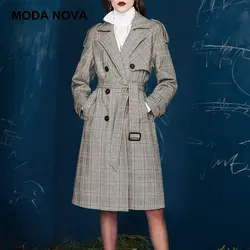 MODA NOVA дизайнер классический Тренч Для женщин Винтаж двубортный длинное пальто с поясом 2018 Бизнес осень Зимняя одежда