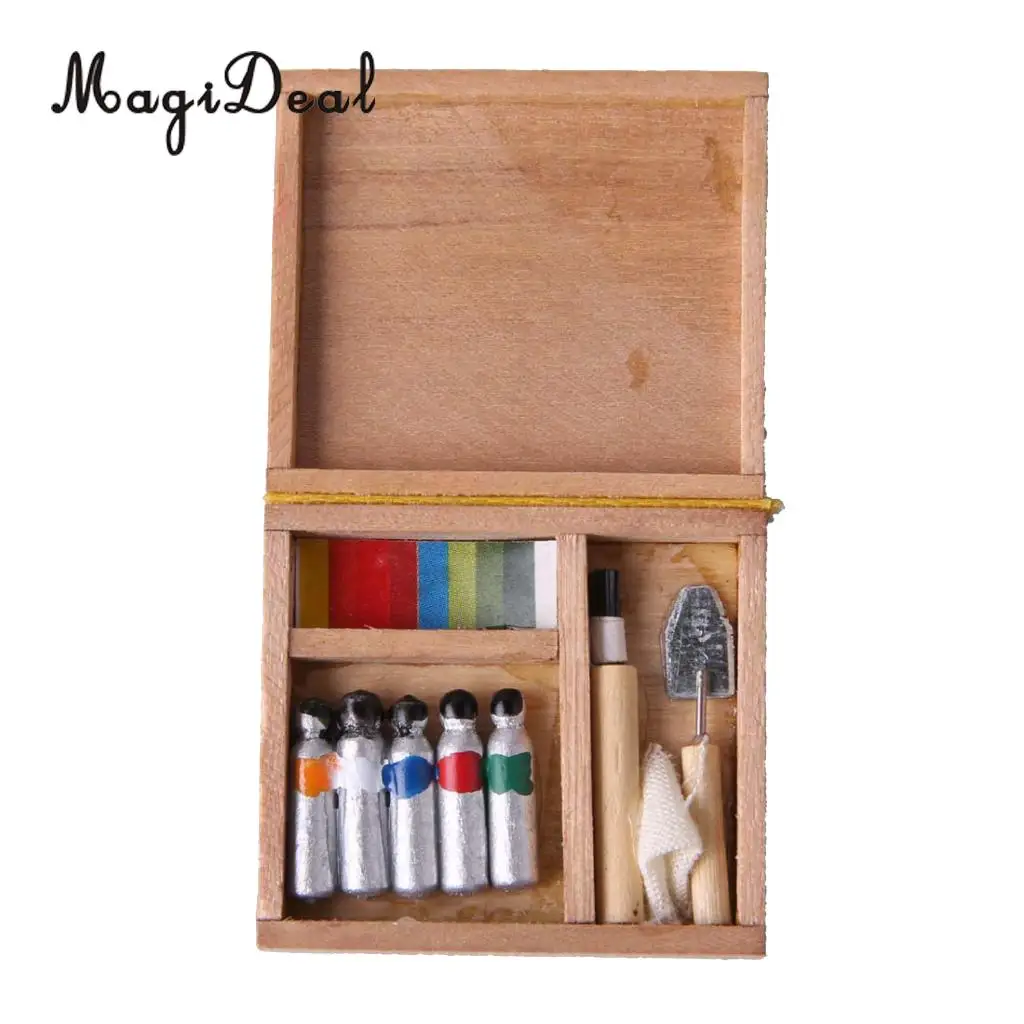 MagiDeal Multi-Colored 1/12 Scale Dollhouse Dec Miniatures Mini Wooden Watercolor Paint Tool Set for Kids Drawing Learning Toy