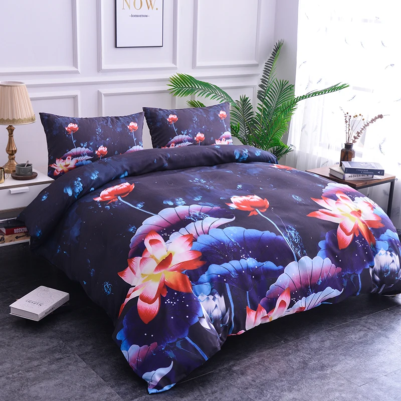 

ZEIMON Home Decoration Lotus Printing Bedding Set 3pcs Polyester Bedclothes Includes Pillowcase Duvet Cover For Bedroom