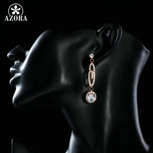 AZORA Rose Gold Color Big Dangling G with Round Clear AAA Cubic Zirconia Drop Earrings TE0171