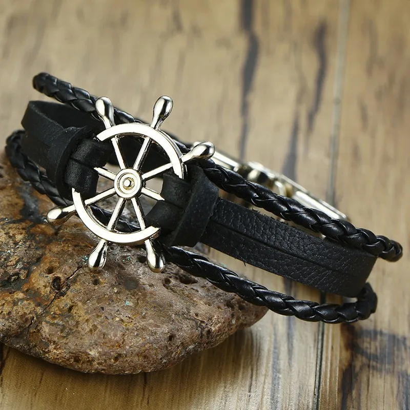 Leather Bracelet Leather Bangle Men Sailor Rudder Multilayer Leather Bracelet Nautical Bangles for Men