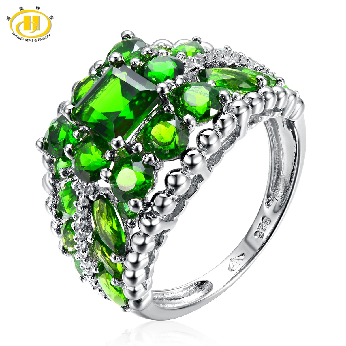 

Hutang 4.03ct Natural Chrome Diopside Cluster Ring Solid S925 Sterling Silver Luxury Fine Jewelry Women's Birthday Gift