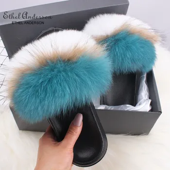 

Ethel Anderson NEW fuzzy Fox fur Slippers Flip Flop women Fur Slides furry fluffy plush designer slippers summer fluffy slides