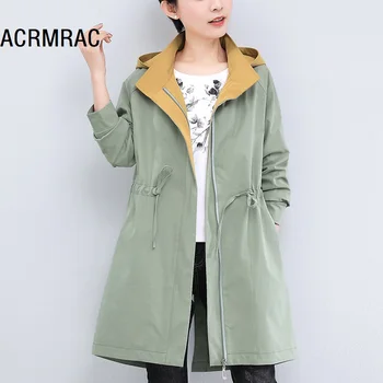 

ACRMRAC Women jacket Slim spring autumn Coats splice Hooded Long sleeve long jacket Women YY19A19810
