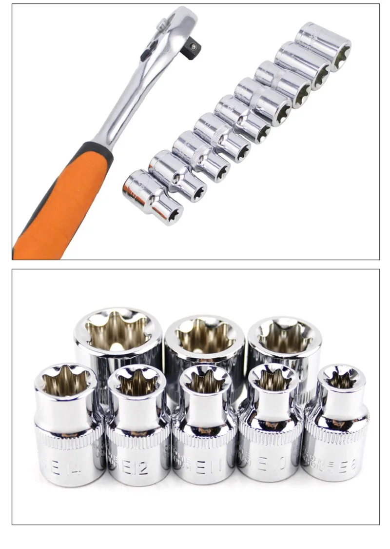 Новинка 3/8 дюйма(10 мм) Torx Star Bit Female E Socket Set E8, E10, E11, E12, E14, E16, E18, E20