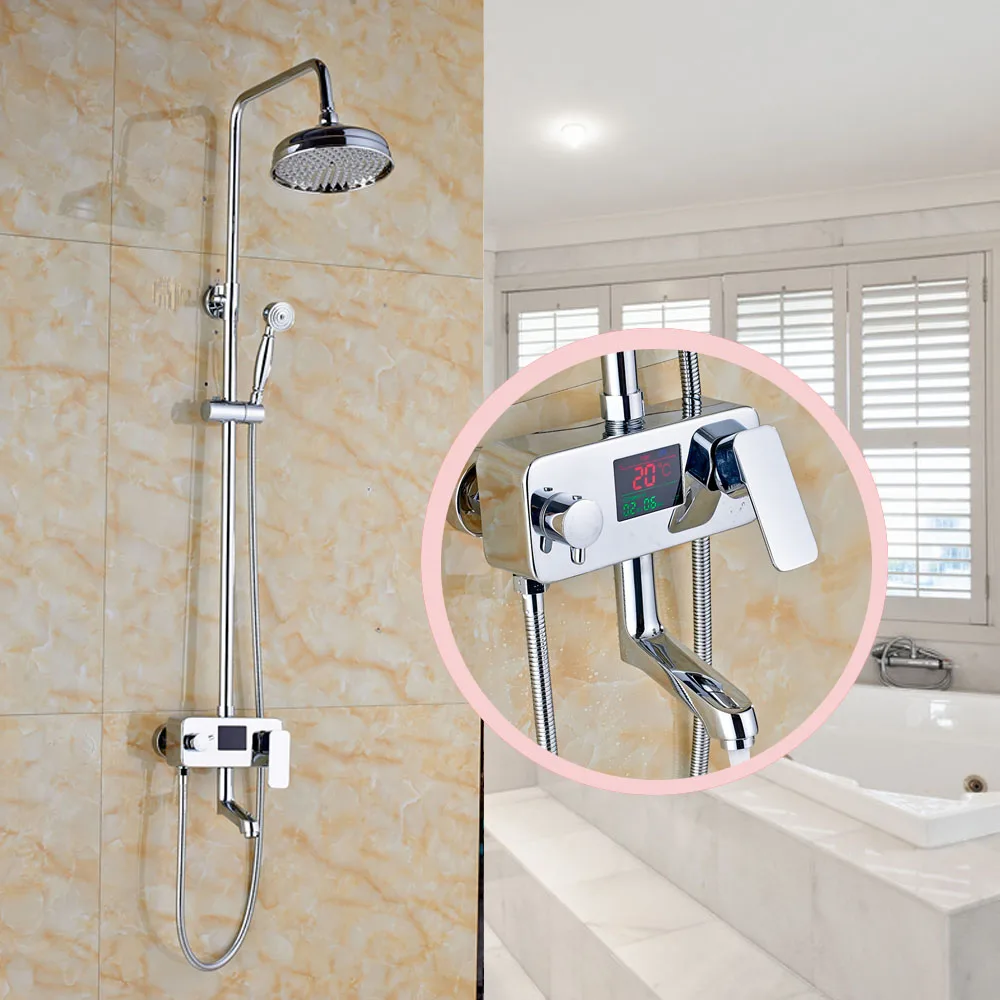 Temperature Display Wall Mounted Bathroom Shower Faucet 8" Shower Head