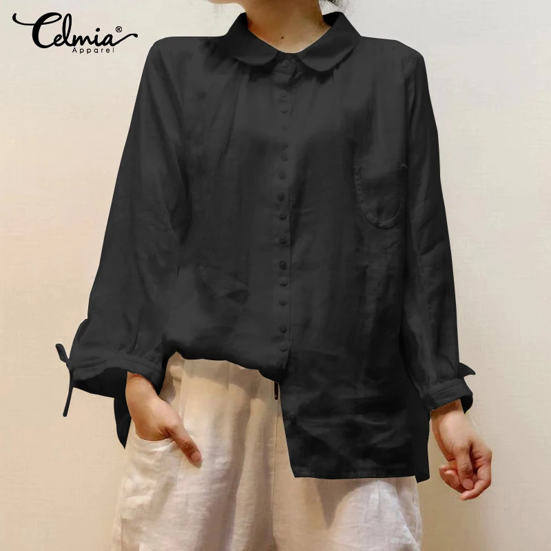 

2019 Autumn Celmia Women Solid Blouse Shirts Casual Long Sleeve Lapel Buttons Tunic Tops Cotton Ladies Pleated Blusas Plus Size