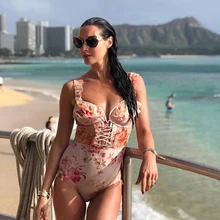 Цветочный принт гофрированный Цельный купальник с v-образным вырезом на плечах сексуальное бикини с открытой спиной Тонкий Монокини Falbala женский пляжный купальный костюм