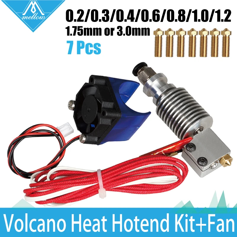 3D Printer volcano kit- J-head Hotend with Single Cooling Fan for 1.75/3.0mm Universal Extruder 7 pcs 0.2mm-1.2mm Nozzle kit