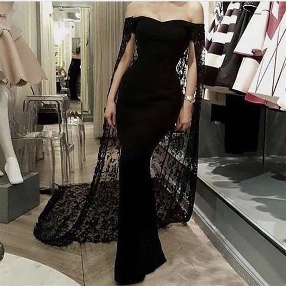 

2019 Mermaid Black Evening Dresses with Lace Cloak Off The Shoulder Floor Length Simple Long Prom Gown Custom Made Women Dress